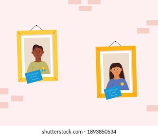 Employee Of The Month Concept. Diversity, Equality In The Work. Two Employee Of The Month With  Achievement Award Badge In Frame On The Wall. Colorful Modern Vector Illustration In Cartoon Flat Style