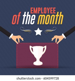Employee Of The Month Concept Flat Style Illustration. Hands Hold Cup Icon. Colorful Business Slogans and Motivation Quote Text