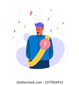 Employee of the month concept with a happy young man getting the award in flat design