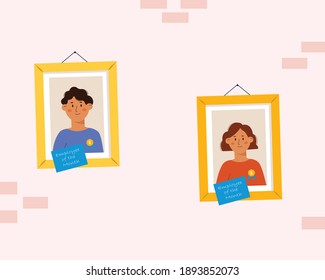 Employee Of The Month Concept.  Man And Woman Employee Of The Month With  Achievement Award Badge In Frame On The Wall. Colorful Modern Vector Illustration In Cartoon Flat Style