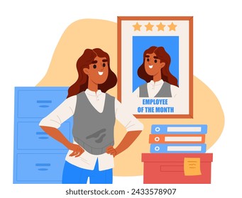 Concepto de empleado del mes. Mujer cerca de la foto con las estrellas. Ranking y calificación. Premio y recompensa para el trabajador. Motivación y éxito. Ilustración plana del vector de la historieta aislada sobre fondo blanco