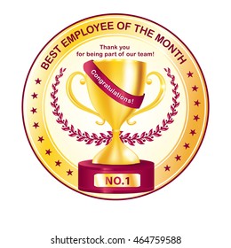 Employee of the month - elegant golden purple stamp / label / sticker with cup and laurel wreath. Print colors used