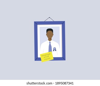 Employee of the month. Equality in the work. Diversity concept in work. Black man with tie in frame with award badge. Modern colorful vector illustration. Flat style.