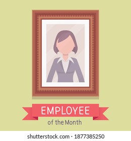 Employee Of Month, Female Photo Wall Frame Template. Profile Portrait With Empty Face Zone, EOM Reward Program For Worker In Achieving Professional Excellence. Vector Flat Style Cartoon Illustration