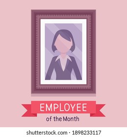 Employee Of Month, Female Photo Wall Frame Template. Profile Portrait With Empty Face Zone, EOM Reward Program For Worker In Achieving Professional Excellence. Vector Creative Stylized Illustration