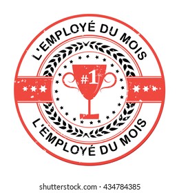 Employee of the month in French Language - blue grunge label award ribbon
