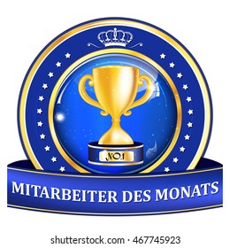 Employee of the month in German language - elegant golden blue ribbon with shiny cup.