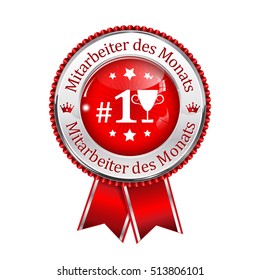 Employee of the month (German language: Mitarbeiter des Monats) - metallic red icon / award ribbon