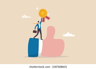 Employee Of The Month, Great Manager Or Success Staff Winning Award, Staff Appreciation Or Best Office Worker Concept, Success Businessman Manager Celebrating Employee Award On Big Thumb Up Symbol.