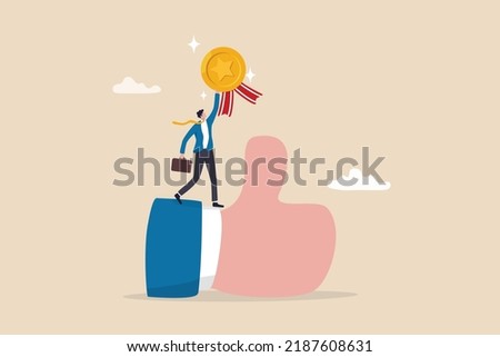 Employee of the month, great manager or success staff winning award, staff appreciation or best office worker concept, success businessman manager celebrating employee award on big thumb up symbol.