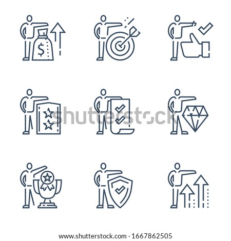 Employee of the month, job incentive program, work motivation, reach goal, personal motivation, performance improvement, self growth mindset, involvement or engagement, excellence award, line icon set