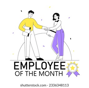 Concepto de línea de empleado de mes. La mujer se da la mano con el hombre y lo felicita. Motivación y liderazgo. Premio y recompensa, logro. Flujo de trabajo eficiente. Ilustración lineal vectorial