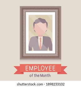 Employee Of The Month, Male Photo Wall Frame Template. Profile Portrait With Empty Face Zone, EOM Reward Program For Worker In Achieving Professional Excellence. Vector Creative Stylized Illustration