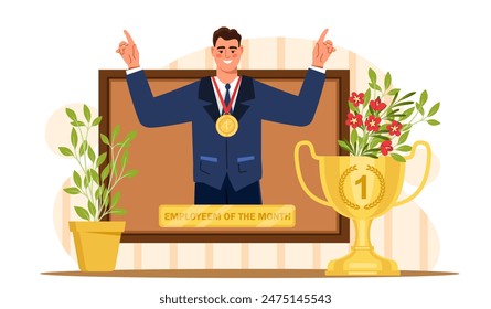 Empleado del mes. Hombre en la pantalla de la computadora con medalla de oro y copa. Premio y recompensa para el trabajador. Motivación y liderazgo, éxito. Ilustración vectorial plana de dibujos animados aislada sobre fondo blanco