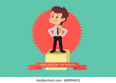 Employee of the Month. Motivated employee receives first prize in winners' podium.