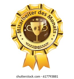 Employee of the Month (Translation of the German text: Mitarbeiter des Monats.) blue ribbon. Print colors used