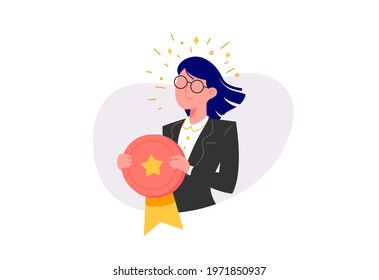 Employee of the Month vector illustration. Elegant businesswoman holding award. Congratulation for the best worker.