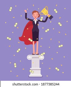 Employee of month, woman on pedestal. Happy worker having outstanding performance in job, business, rewarded with a trophy, honors, money. Vector flat style cartoon illustration, dollars raining down