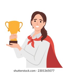 Employee of month, woman on pedestal. Happy worker having outstanding performance in job, business, rewarded with a trophy, honors, money. Flat vector illustration isolated on white background