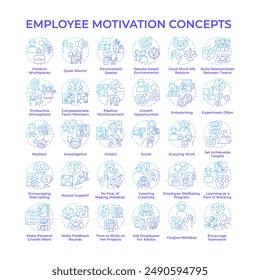 Mitarbeitermotivation blaue Gradientenkonzeptsymbole. Verschiedene Arbeitsbereiche. Förderung von Kreativität und Produktivität. Steigern Sie die Kreativität. Symbolpaket. Vektorbilder. Runde Formabbildungen. Abstrakter Gedanke
