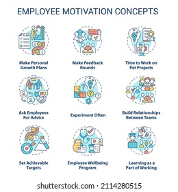 Employee motivation concept icons set. Workers wellbeing idea thin line color illustrations. Make feedback rounds. Isolated symbols. Editable stroke. Roboto-Medium, Myriad Pro-Bold fonts used