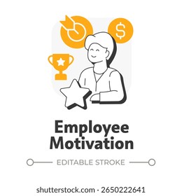 Employee motivation flat outline concept icon. Target goal. Achievement, milestone. Meeting, teamwork. Payment, salary. Modern line illustration with orange glyphs. Conceptual visual. Easy to edit - Powered by Shutterstock - Get 15% off with code: PIKWIZARD15