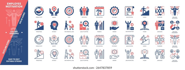 Employee Motivation icon set. Job Design, Benefit, Teamwork, Quality Control, Qualification, Promote, Career, Reward. Duotone color solid and editable outline icons