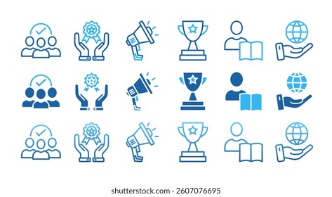 EMPLOYEE MOTIVATION icon set with multiple style staff, reward, promotion, achievement, education, responsibility and growth