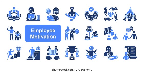 Conjunto de iconos de motivación del empleado con entorno de trabajo, equilibrio de vida laboral, espíritu de Equipo, reconocimiento, incentivo, recompensas, Vector simple de apreciación.