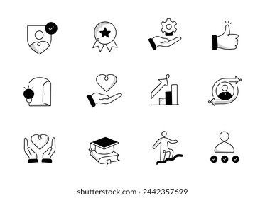 Employee Motivation Icons Set. Boosting Workplace Morale: Iconic set representing various aspects of employee motivation.