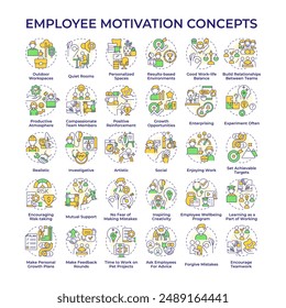 Employee motivation multi color concept icons. Different workspaces. Encourage creativity and productivity. Boost creativity. Icon pack. Vector images. Round shape illustrations. Abstract idea