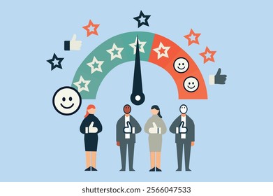 Employee motivation and recognition concept depicted with a satisfaction gauge, smiling faces, and a diverse group of businesspeople, highlighting workplace dedication and productivity.
