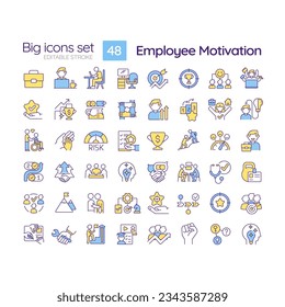 Employee motivation RGB color icons set. Job satisfaction. Positive attitude. Career development. Isolated vector illustrations. Simple filled line drawings collection. Editable stroke