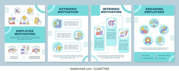 Employee motivation types mint brochure template. Engaging workers. Leaflet design with linear icons. 4 vector layouts for presentation, annual reports. Arial-Black, Myriad Pro-Regular fonts used