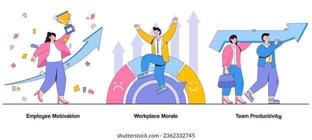 Employee motivation, workplace morale, team productivity concept with character. Motivated workforce abstract vector illustration set. Employee engagement, team synergy, positive work environment.