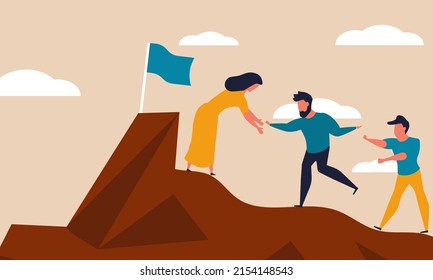 Employee mountain help and risk climbing. Leadership motivation and opportunity cooperation vector illustration concept. Friendship helping and assistance group people. Teamwork target and strategy