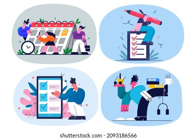 Employee multitask at workplace, check finished businesses in list. Businesspeople meet deadline manage with workload in office. Good time management concept. Flat vector illustration. Set.