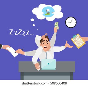 An employee with multitasking in the office count sheep in his sleep on table. Businessman tired of the stress and sleeping on the job. Flat style design vector illustration.