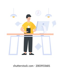 An employee in new workplace, editable illustration