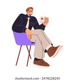 Employee, office worker sits on soft chair and drink hot beverage during coffee break. Happy person relaxes on comfortable seat with cup of tea. Flat isolated vector illustration on white background