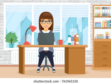 An employee of the office working on the computer sitting at the table. Young girl businessman. Business and Finance. In flat style on white background. Cartoon.