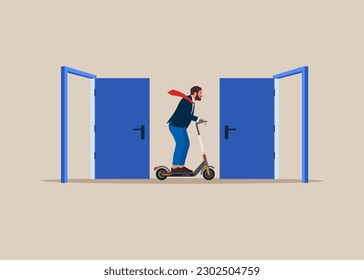 Employee on electric scooter  resign and walk through exit door. Leaving company, people management. Modern vector illustration in flat style