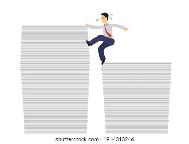 Employee on top of large stack of papers. Business concept paper work and workload. Flat vector illustration isolated on white illustration.