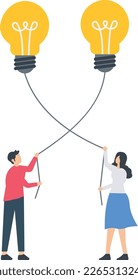 Employee Onboarding, Combine ideas, collaborate to get solutions, teamwork or think together concept, man and woman join or combine lightbulb ideas for best result.
