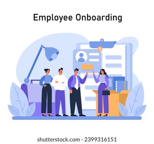 Employee Onboarding concept. New team members discuss with a manager near a giant clipboard, showcasing the welcoming process and integration steps. Flat vector illustration.