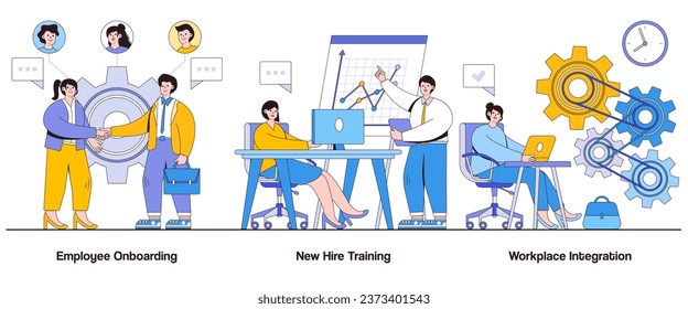 Employee onboarding, new hire training, workplace integration concept with character. Employee integration abstract vector illustration set. Smooth transition, team assimilation, employee retention.