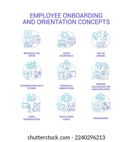 Employee onboarding and orientation blue gradient concept icons set. Hiring company staff idea thin line color illustrations. Isolated symbols. Roboto-Medium, Myriad Pro-Bold fonts used