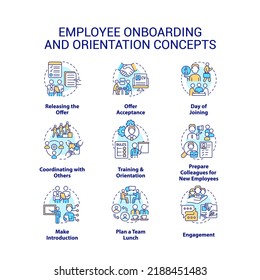 Employee onboarding and orientation concept icons set. Hiring company staff idea thin line color illustrations. Isolated symbols. Editable stroke. Roboto-Medium, Myriad Pro-Bold fonts used