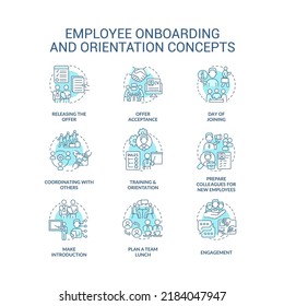 Employee onboarding and orientation turquoise concept icons set. Hiring company staff idea thin line color illustrations. Isolated symbols. Editable stroke. Roboto-Medium, Myriad Pro-Bold fonts used