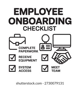 Employee onboarding process displayed with checklist icons for new hires